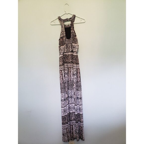 Three Pink Hearts Maxi Women S Tank Dress Sleeveless Black Floral Boho Side Slit - Picture 2 of 6